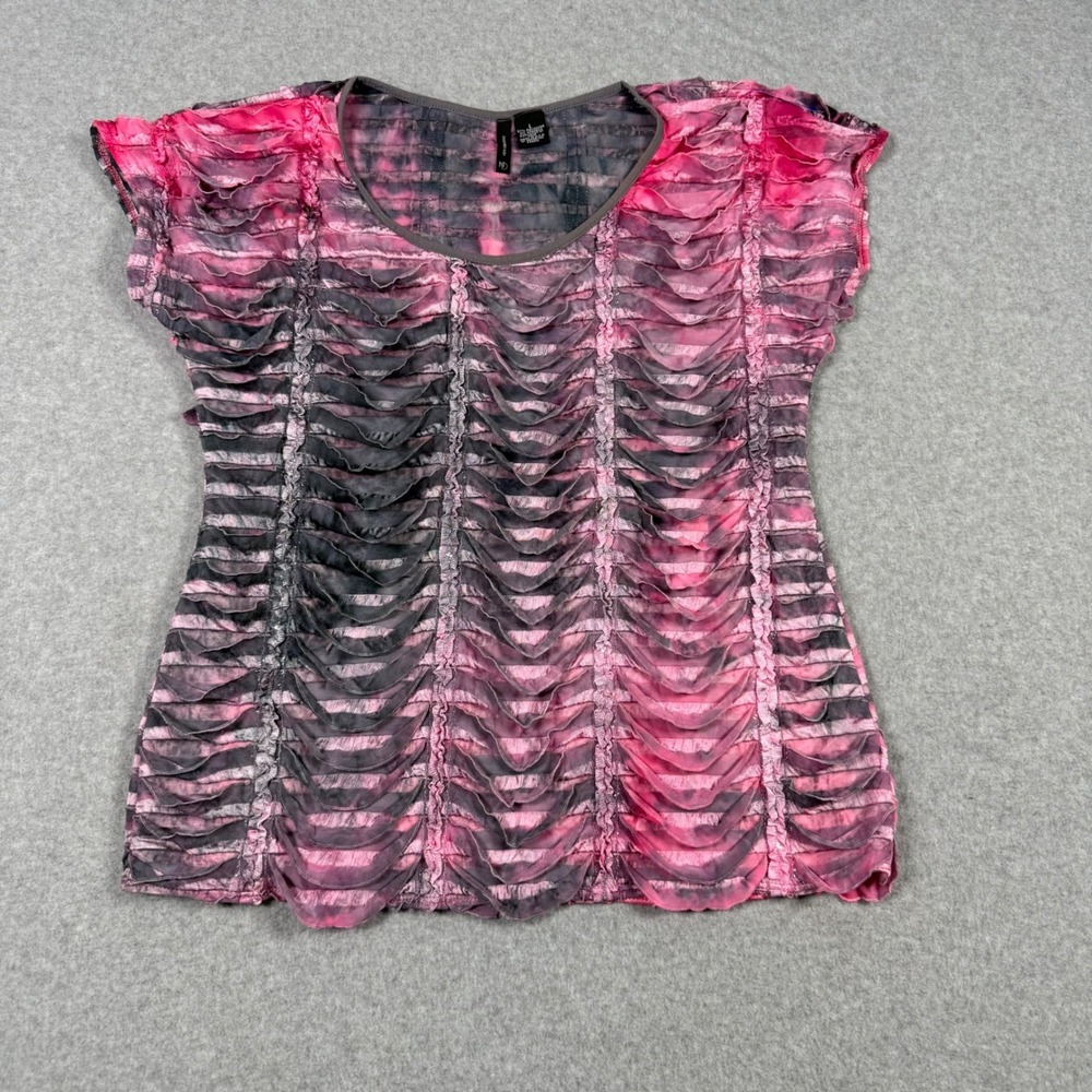 New Directions Vintage Y2K Pink Grey Tie Dye Ruffle Mesh Top Large Barbiecore